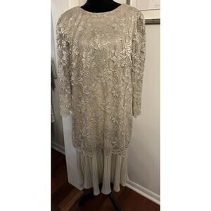 Vintage 1980s David Rose Beige Lace Tunic Top & Pleated Skirt Set Plus Size 18W